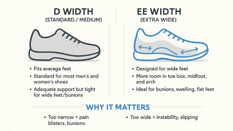 difference between d and ee show width