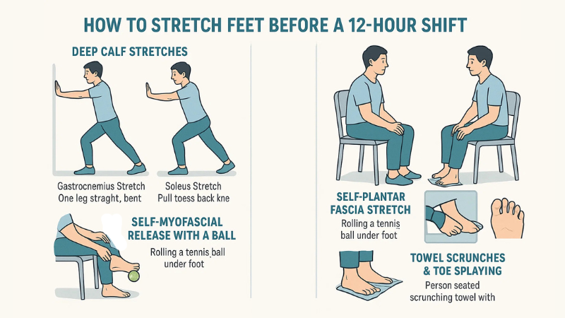 How to Prevent Foot Pain from Standing All Day: 7 Expert Tips 3 How to Stretch Feet Before a 12-Hour Shift to Prevent Foot Pain From Standing