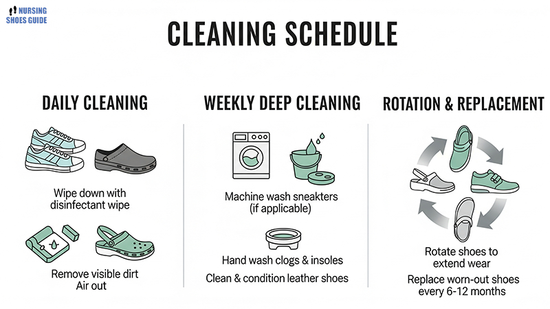 How to Make Nursing Shoes Last Longer: 5 Smart Care Tips for Nurses 4 Cleaning Schedule for Nursing Shoes